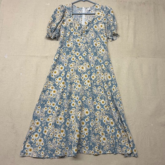 Nnine Dresses & Skirts - Nnine Womens Blue Floral Daisy Print Puff Sleeve Midi Dress Size M Sweetheart